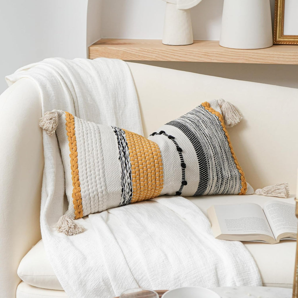 BlissBlush Fall Decorative Lumbar Throw Pillow Cover 14x24 Boho Yellow Mustard Accent Cushion for Couch Sofa Farmhouse Pillowcase for Bedroom Living Room Home Décor Cover ONLY