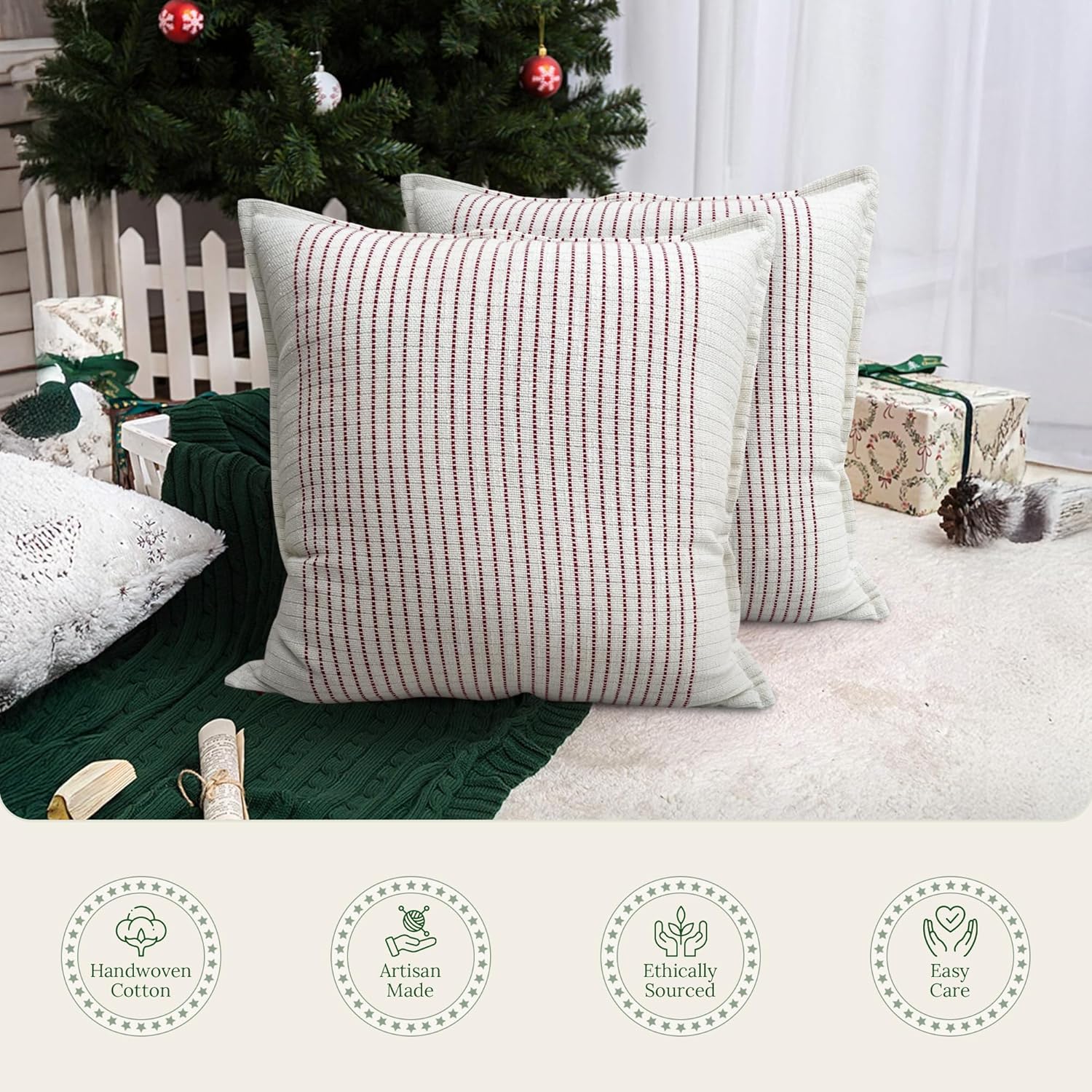 SanVia Fireside Premium Cotton Throw Pillow Covers, 20 x 20 Inches, Luxury Holiday Themed Handwoven Couch Pillow Covers, Hidden Zipper, Elegant Home Décor, Insert Not Included