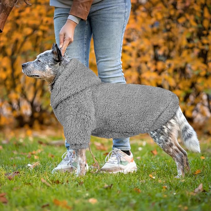 Fuzzy Dog Sweaters for Large Dogs Dog Hoodie Soft Double-Sided Plush Pet Sweater Fleece Clothes Coats Pet Hoodie Sherpa Hooded Sweatshirt(Grey-XL)