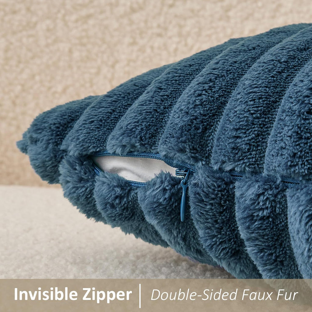 Kevin Textile Soft Plush 12x20 Inch Lumbar Pillow Cover 1 Pack, Luxury Fluffy Faux Fur Striped Flannel Rectangle Cushion Case for Couch Sofa Chair Bed Home Decor, Blue
