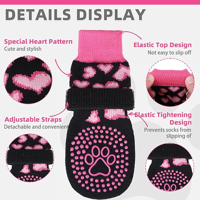 KOOLTAIL Anti Slip Dog Socks for Hot/Cold Pavement to Prevent Licking Paws,Dog Boots&Paw Protector with Grippers for Hardwood Floors,Pink Heart Valentine's Socks Booties for Small Medium Large Dogs SM
