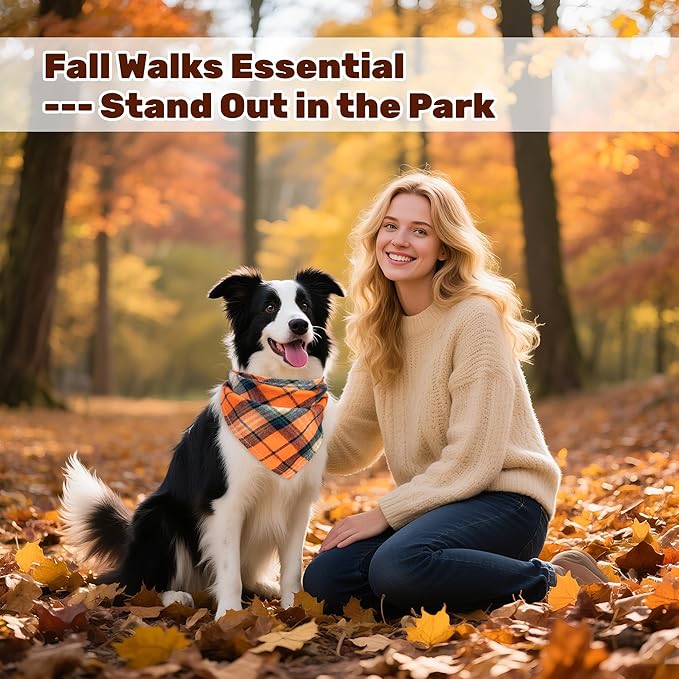 Fall Dog Bandana,2-Pack Thanksgiving Dog Bandanas, Plaid Fall Pet Scarves for Large Medium Small Dogs, Adjustable Vintage Holiday Neckwear,Reversible Bibs Breed for Boy and Girl(Large)