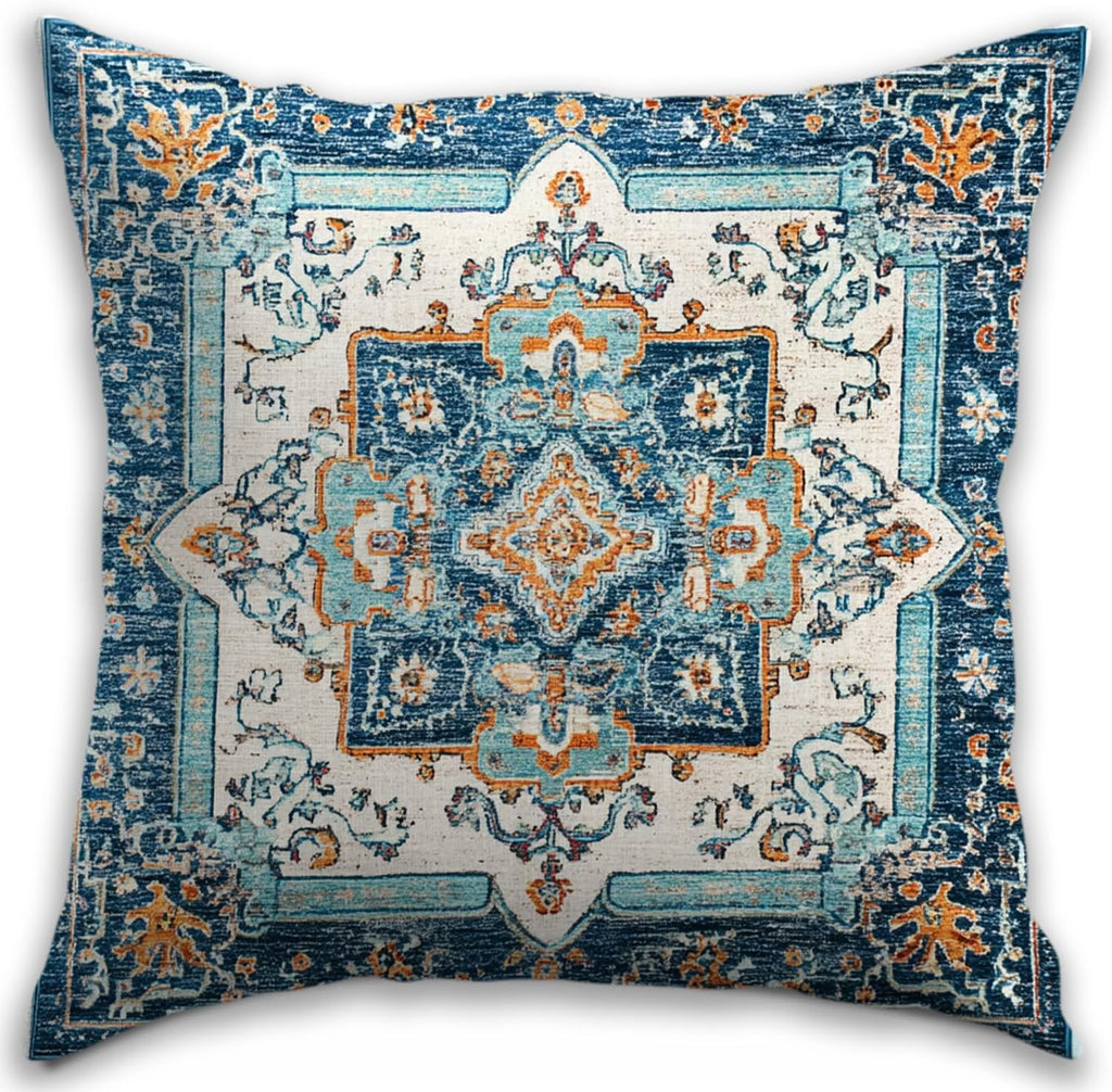 Bohemian Pillow Covers | Vintage Floral & Carpet Design | Double Sided Blue White Decorative Pillowcases for Couch, Bed | Indoor Outdoor Boho Home Decor (Blue&Yellow, 18x18inches)