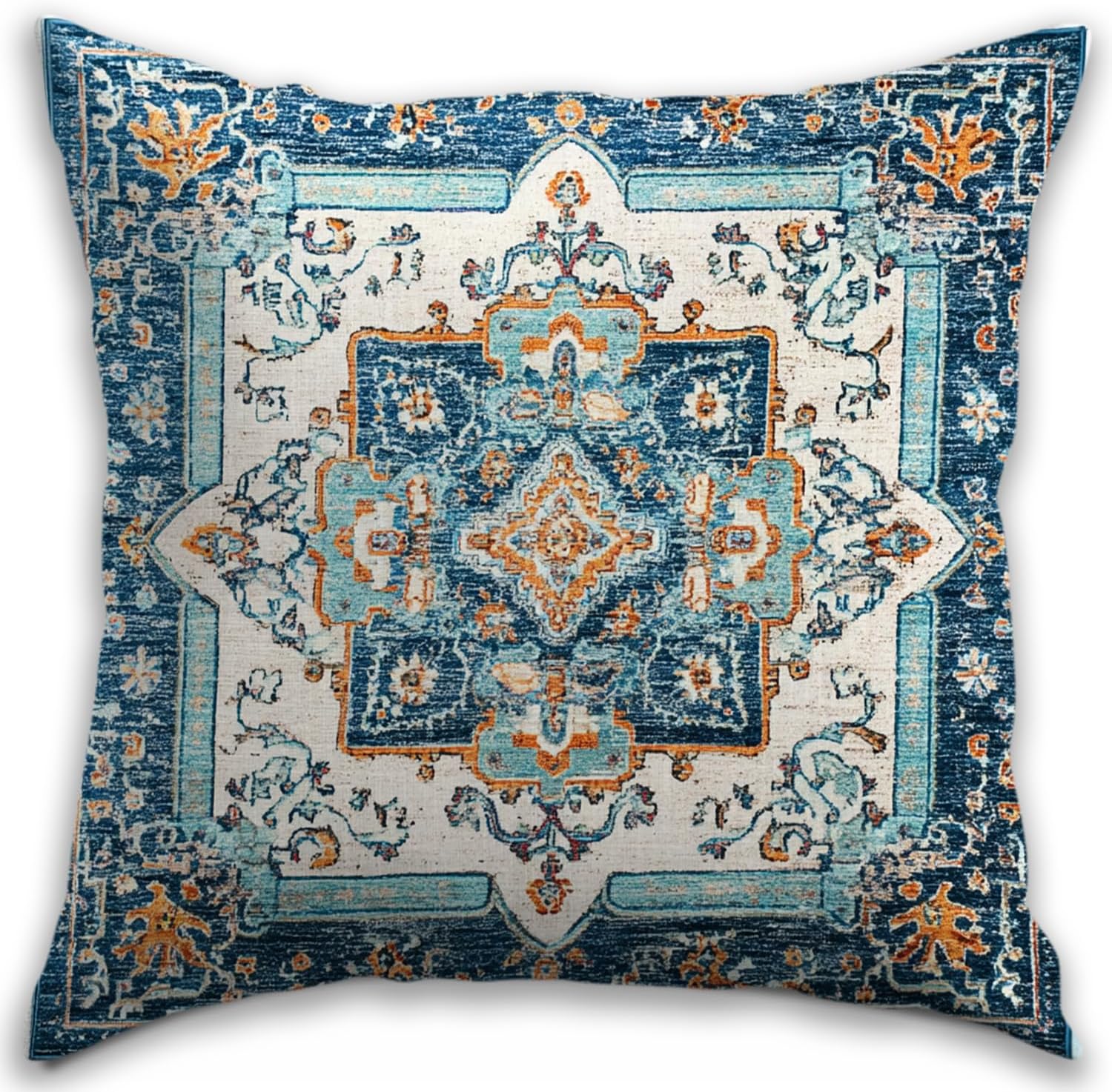 Bohemian Pillow Covers | Vintage Floral & Carpet Design | Double Sided Blue White Decorative Pillowcases for Couch, Bed | Indoor Outdoor Boho Home Decor (Blue&Yellow, 18x18inches)