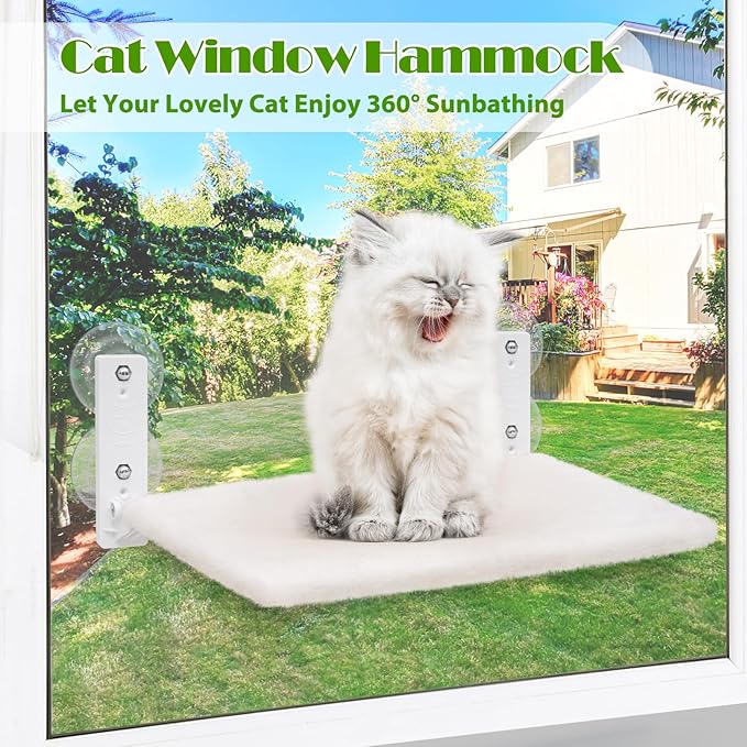 keny Foldable Cat Window Perch with 4 Larger Suction Cups, Cordless Window Bed with Reversible Cover for Cats Inside, White