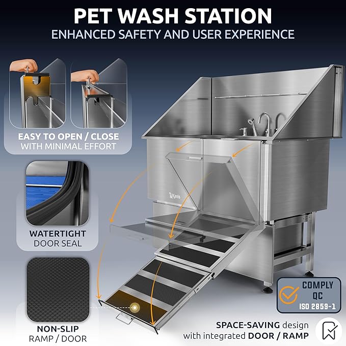 KANIS Professional Dog Washing Station - 304 Stainless Steel Pet Wash Sink & Grooming Bath Tub for Home with Ramp, Shower, Floor Grate, Storage Drawers, and Faucet for Large, Medium & Small Pets
