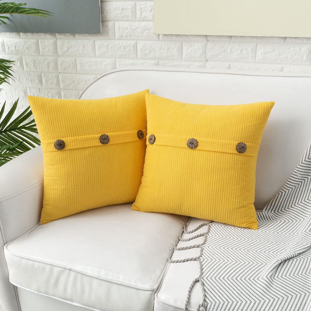 HWY 50 Yellow Chenille Throw Pillow Covers 18x18 Inch with Triple Buttons, Soft Farmhouse Accent Decorative Cushion Cases for Couch Sofa Bed Living Room Pack of 2
