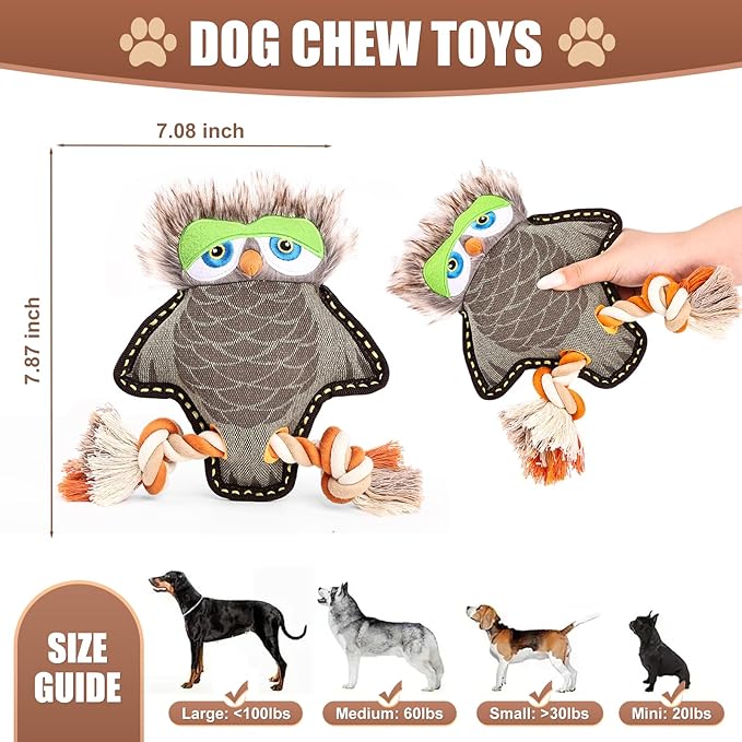 Tough Durable Squeaky Dog Toys for chewers Interactive to Keep Them Busy, Funny Tug of War Dogs Toy for Small Medium Large Cute Birthday Gift (New Owl)