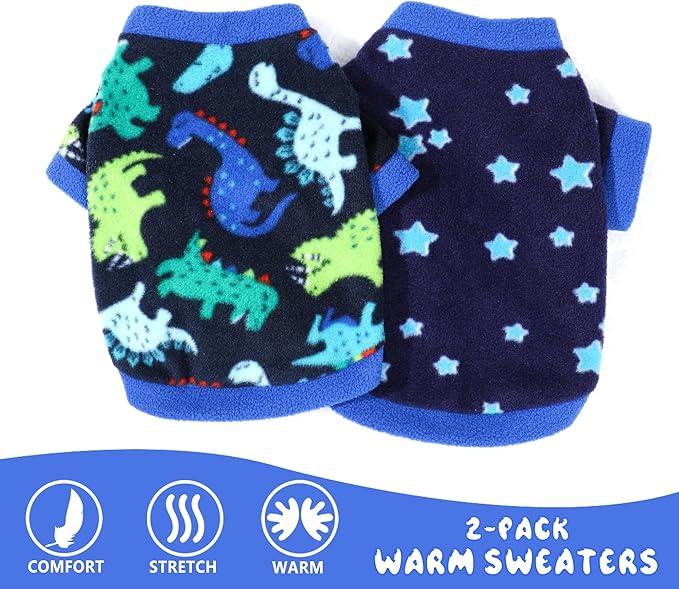 2 Pieces Dog Sweaters for Small Dogs, Fall Winter Fleece Dog Clothes, Soft and Warm Puppy Sweater Doggie Coat for Winter Pet Cloting for Chihuahua Yorkie (Stars, Dinosaurs, Small)