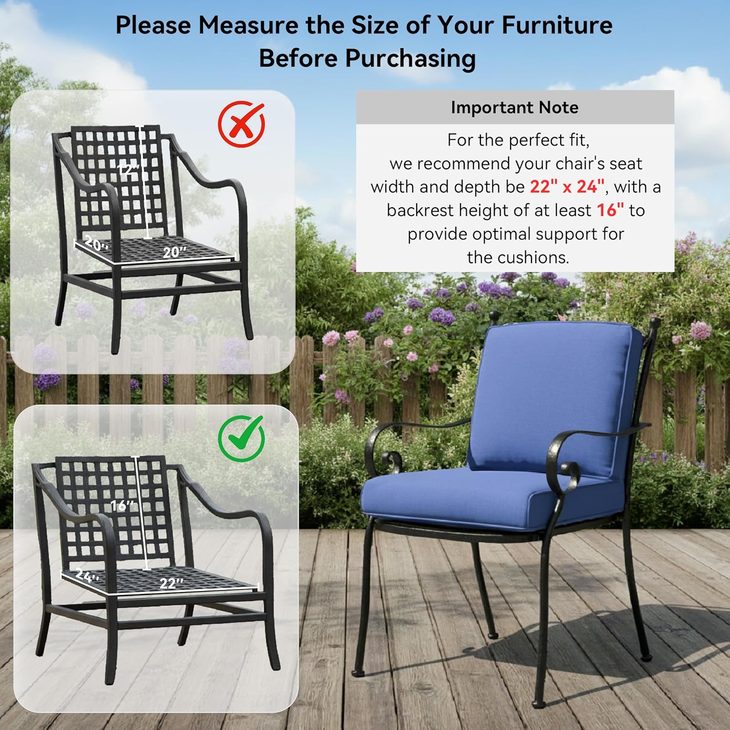 Outdoor Chair Cushions for Patio Furniture - 1 Pack Outside Durable Thick Replacement Cushion 22x24 with Zipper Cover for Wicker Glider Rocking Chairs Loveseat Couch – Blue/Regular