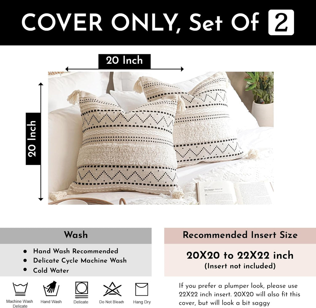 BlissBlush Decorative Throw Pillow Cover 20x20 Combo Set of 2 Square Boho Black Neutral Accent Pillowcase Tassels Farmhouse Cushion for Couch Sofa Bedroom Living Room Home Décor Cover ONLY