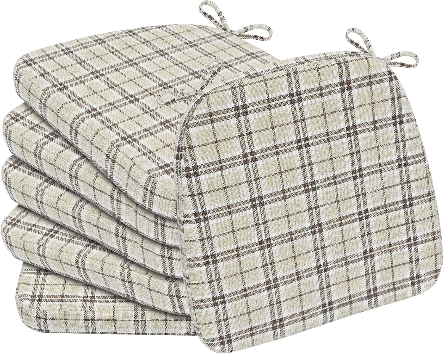 AAAAAcessories D-Shaped Chair Cushions, 2" Thick Dining Chair Pads with Ties and Removable, Machine-Washable Cover, 17" x 16", Set of 6, Yellow Checkered