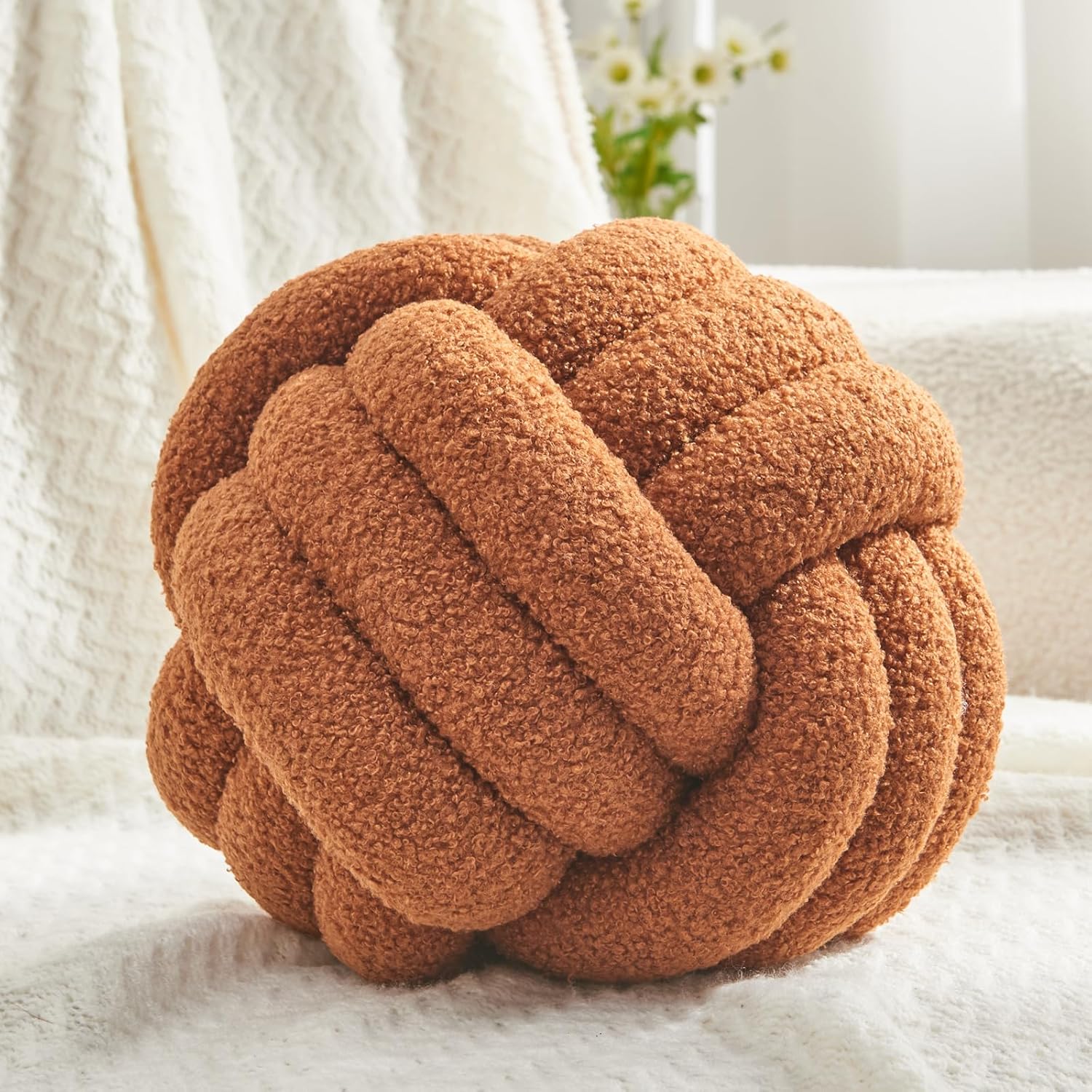 Petrella Knot Pillow Ball Round Throw Pillows Home Decor Cushion Decorative Aesthetic Throw Pillows，Lambswool Caramel 11inch