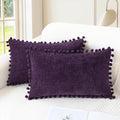 CaliTime Throw Pillow Covers Decorative 20 X 12 Inches Pack of 2 Cozy Solid Dyed Soft Chenille Cushion Cases with Pom Poms for Couch Sofa Bed Living Room Home Plum Purple