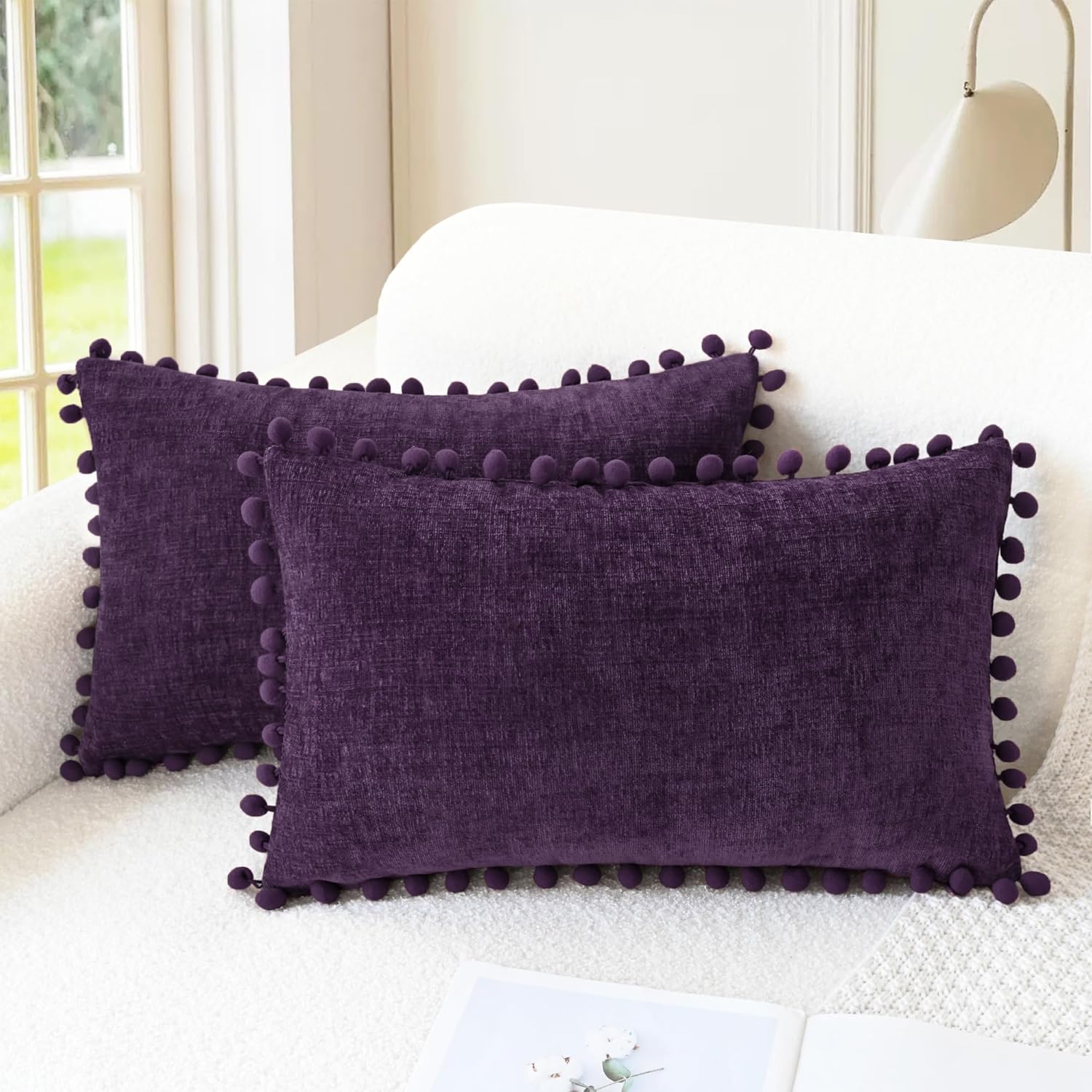 CaliTime Throw Pillow Covers Decorative 20 X 12 Inches Pack of 2 Cozy Solid Dyed Soft Chenille Cushion Cases with Pom Poms for Couch Sofa Bed Living Room Home Plum Purple