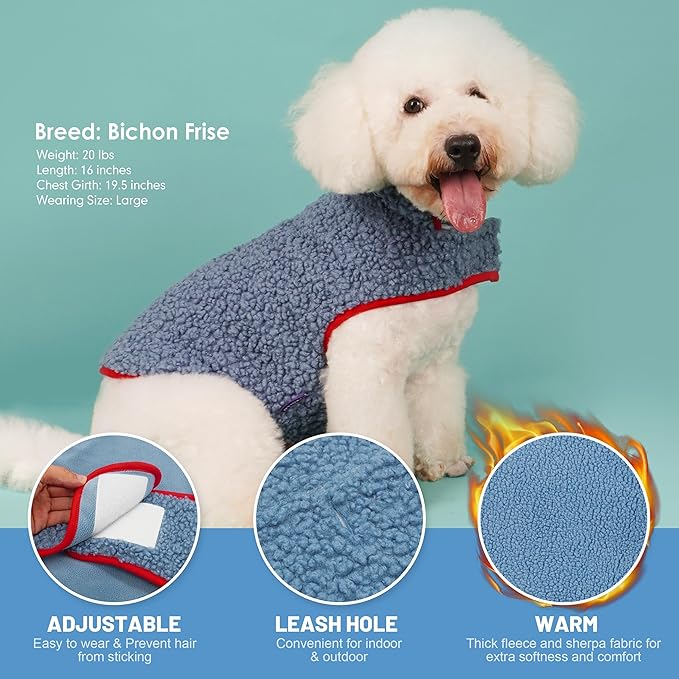 cyeollo Warm Dog Coat Reversible Dog Jacket Winter Fleece Sweater Winter Pet Apparel Jackets Sherpa Vest Sweater Cold Weather Doggie Coats for Small Dogs Cats, Blue L