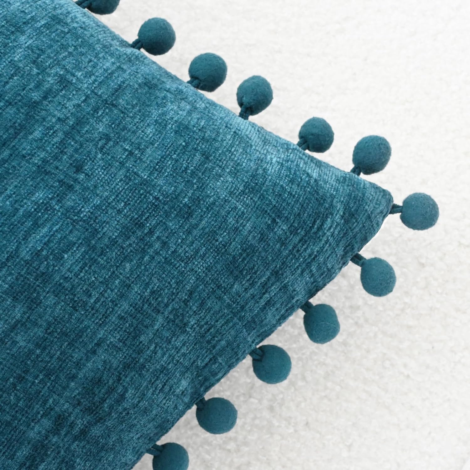 CaliTime Throw Pillow Covers Decorative 22 X 22 Inches Pack of 2 Cozy Solid Dyed Soft Chenille Cushion Cases with Pom Poms for Couch Sofa Bed Living Room Home Ocean Blue