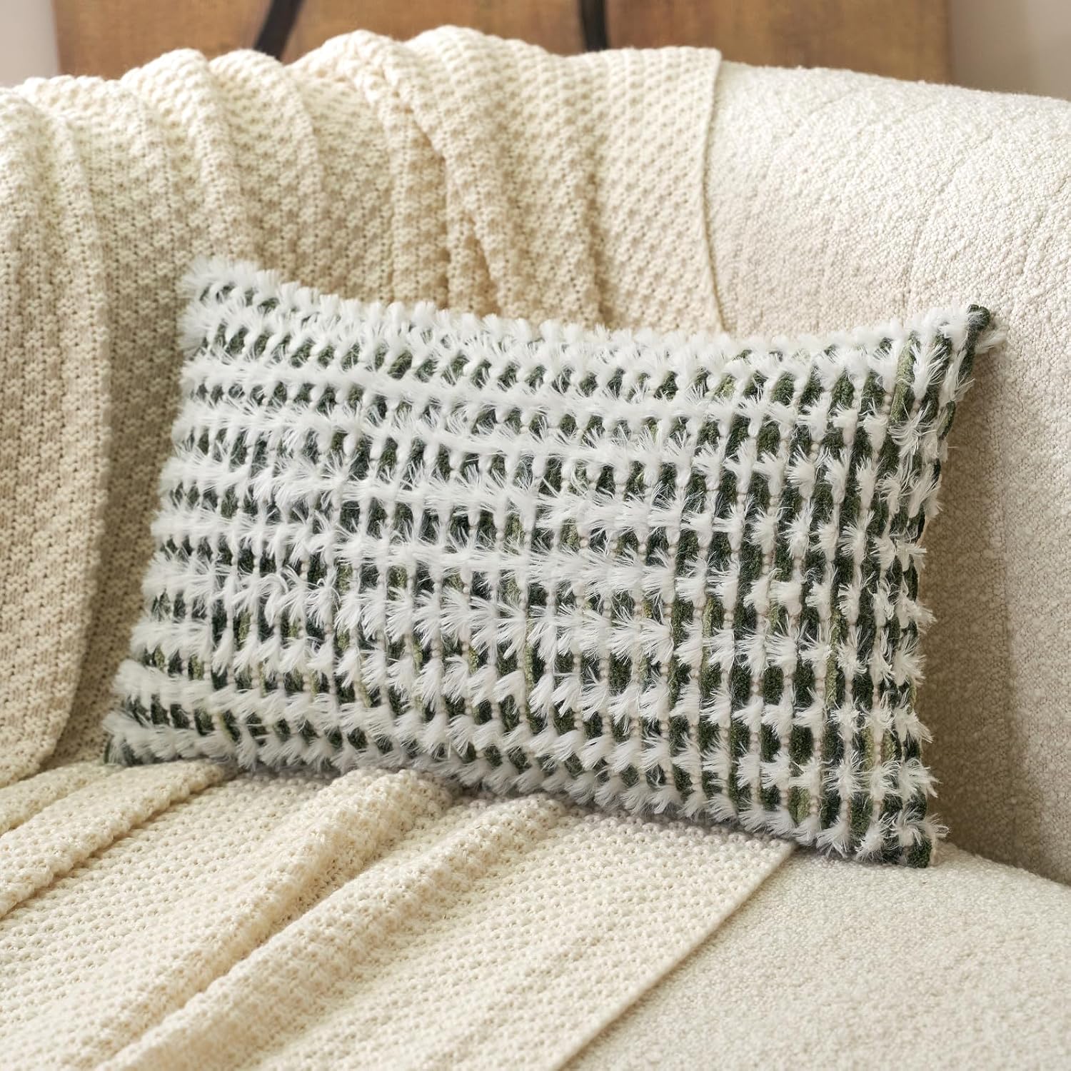 Aeckself Boho Chenille Tufted Pillow Cover 12 x 20 Inch, Rectangle Decorative Lumbar Throw Pillow Cover Neutral Pillowcase for Couch Bedroom Living Room, Green White