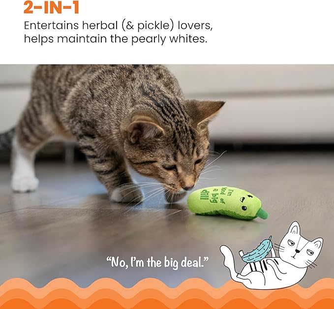 Catstages Crunchy Pickle Kicker Toy with Catnip and Dental Mesh, Pickle Shape, Plush and Crinkle Cat Toy for Kicking, Tossing, and Teeth Cleaning, Green