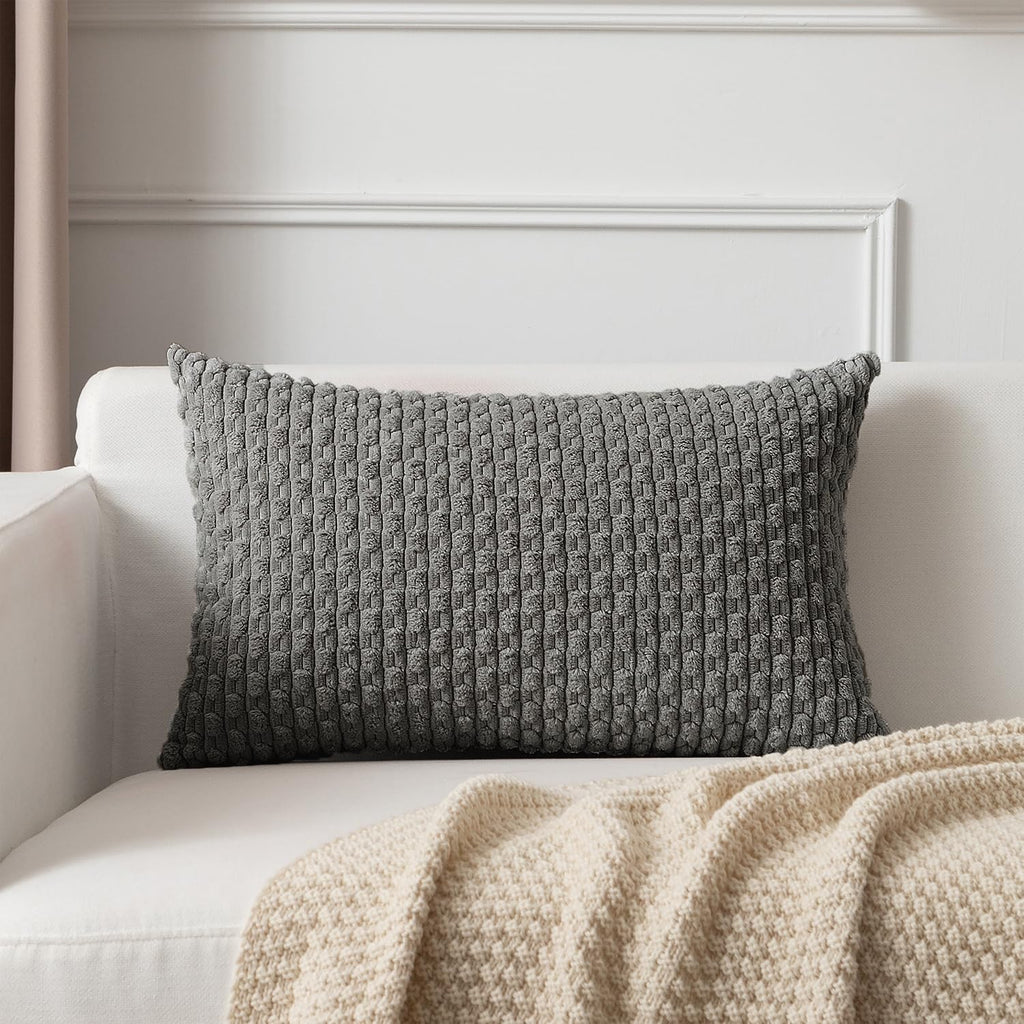 Kevin Textile 14x24 Inch Pillow Cover 1 Pack Boho Decorative Soft Striped Corduroy Lumbar Farmhouse Accent Rectangle Cushion Case for Living Room Couch Sofa Bed, Dark Grey