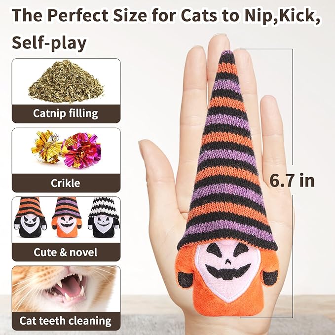 Retro Shaw Cat Toys, Halloween Gnomes 3Pcs, Horror Crinkly Catnip Toys for Indoor Cats Kitten, Interactive Cat Nip Kitty Kicker Chew Tossing, Safe Teeth Cleaning Toy for All Breeds