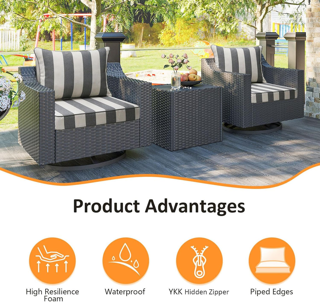 Outdoor Patio Chair Cushions Set, 24" x 24", Set of 2, Water-Repellent, Fade Resistant, Deep Seat Bottom and Back Cushion for Backyard, Couch, Sofa and Patio Furniture, Gray Stripe
