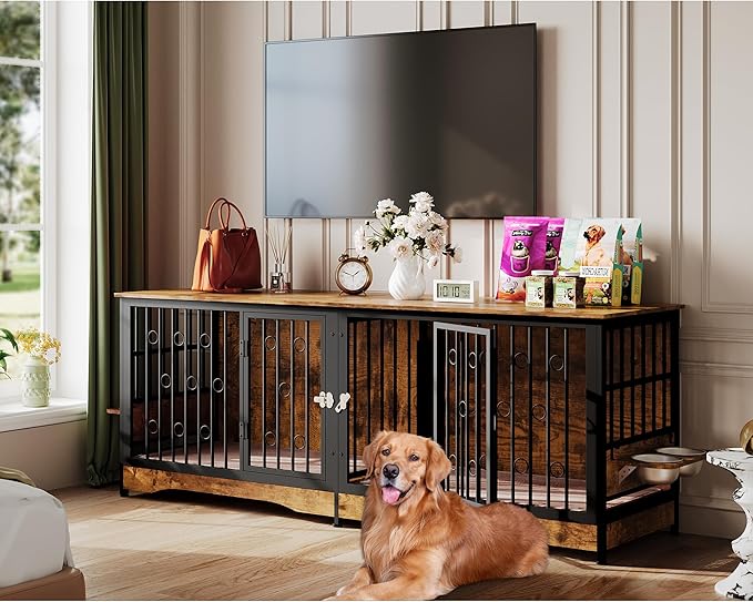 75'' Dog Crate Furniture Large Storage TV Stand with Dual Cushion / 4 Bowls/Double Rooms, Wooden Dog Kennel Dog Crate End Table with Removable Divider for Large Medium Dogs, Rustic Brown