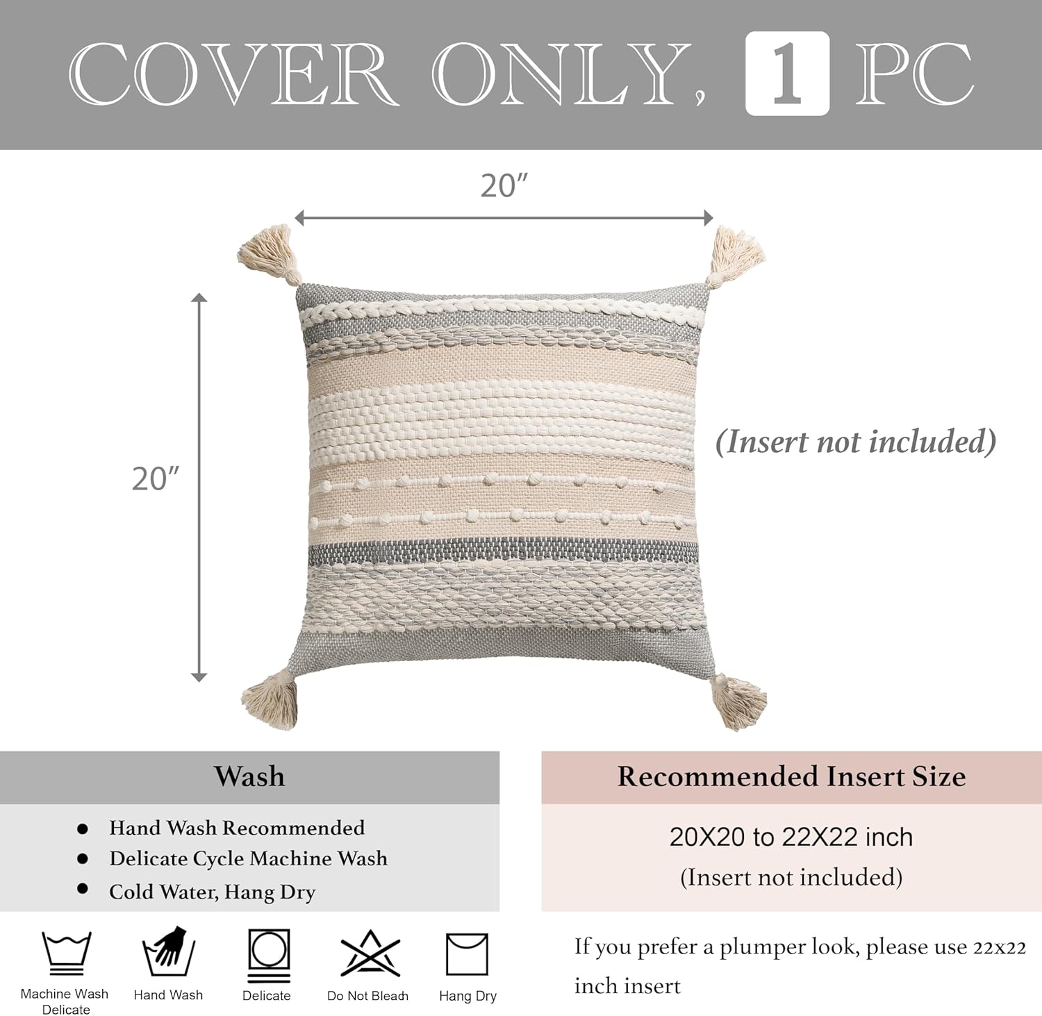 BlissBlush Gray Boho Throw Pillow Cover 20x20 Grey Decorative Accent Pillow for Couch Square Woven Textured Pillowcase Modern Farmhouse Pillow for Bed Bohemian Pillow Cover (Pack of 1)