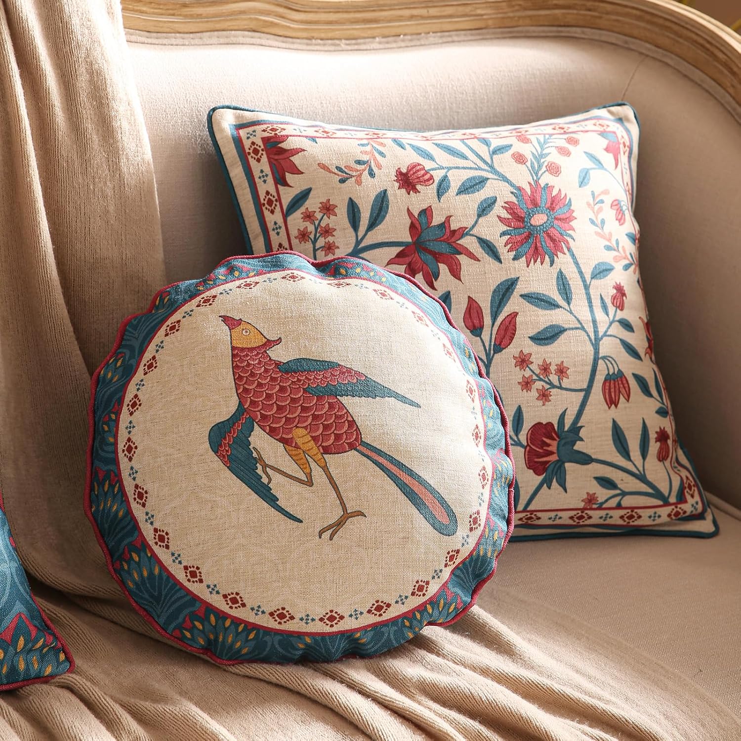 Navy Blue Throw Pillow Covers,Rustic Animal Print with Peacock Pattern Linen Pillowcases,Decorative Round Pillows Cushion Covers for Sofa Bed Couch Chair, Diameter 16"