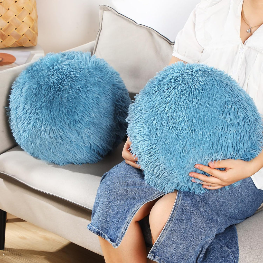 2 Pack Plush Round Ball Throw Pillow 10 Inch Nordic Soft Boucle Pillows Spherical Fuzzy Pillows Circle for Couch Sofa Bed Bedroom Living Room Office School Chair Decorations(Blue)