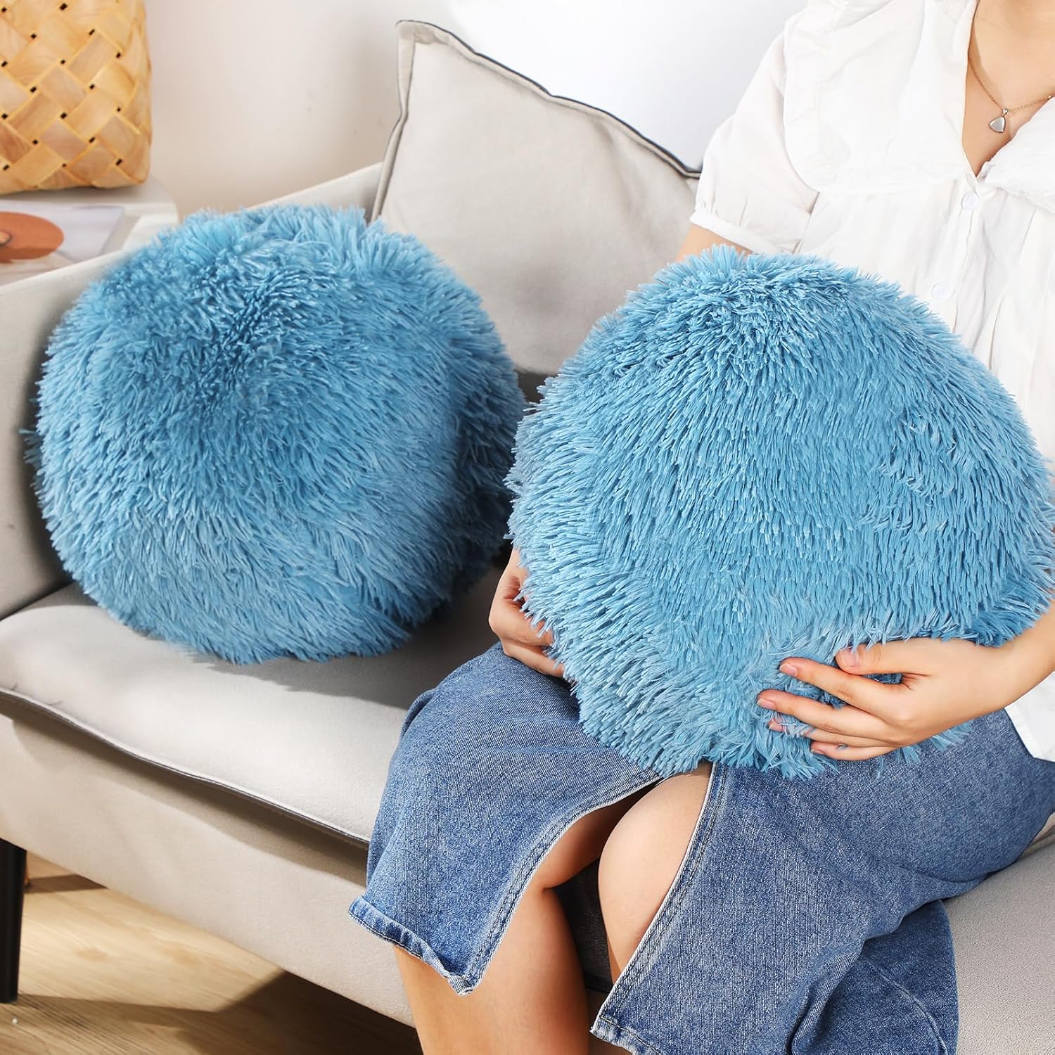 2 Pack Plush Round Ball Throw Pillow 10 Inch Nordic Soft Boucle Pillows Spherical Fuzzy Pillows Circle for Couch Sofa Bed Bedroom Living Room Office School Chair Decorations(Blue)