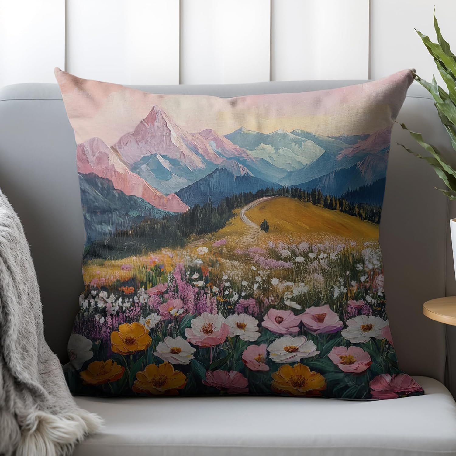 Boho Abstract Wildflower Pillow Covers 18x18，Watercolor Colorful Floral Landscape Scenery, Maximalist Nature Home Decor Throw Pillow Covers for Living Room Bedroom，A236