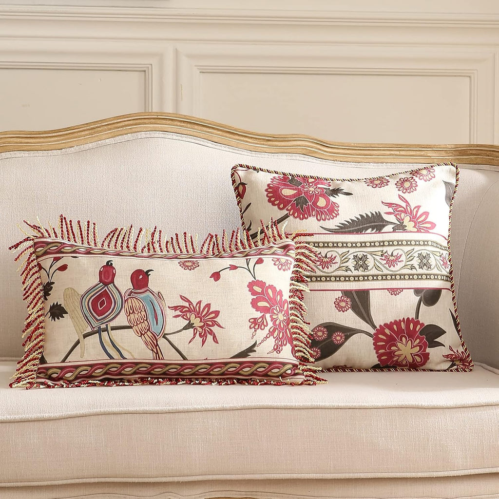 patdrea Designer Throw Pillow Covers 12"x20",Vintage Red Flying Bird Pattern Linen Pillowcases with Tassel Edges Pillows Cover for Couch,Decorative Rectangle Cushion for Living Room Outdoor Car