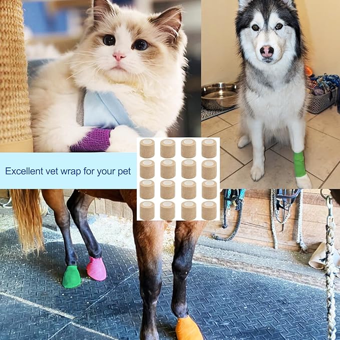 16 Pack Self Adhesive Bandage Wrap, 2" X 5 Yards Beige Elastic Cohesive Bandage Wrap for Sports, First Aid Medical, Wrist, Ankle Sprains, Swelling and Vet Wrap,Grip Tape