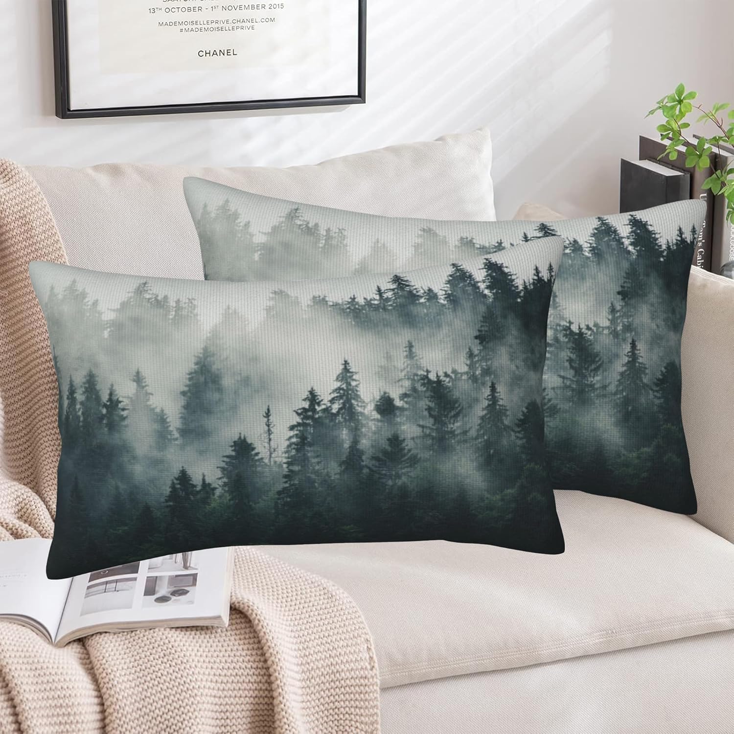 Misty Forest Throw Pillow Cover Case Foggy Forest Throw Pillows Set of 2 Super Soft Pillow Covers 20x12 Inches Farmhouse Home Decor for Living Room Bedroom Sofa Couch Cushion Cover