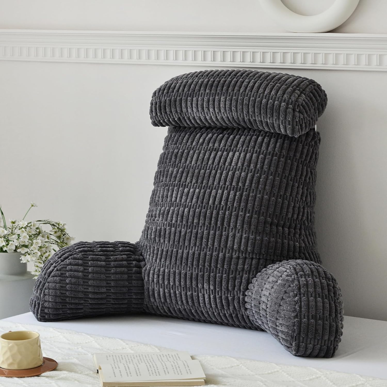 WERDIM Reading Pillow with Detachable Neck Roll, Large Back Pillow for Sitting Up in Bed Couch, Adult Bed Rest Pillow with Arms for Reading/Watching TV/Gaming, Dark Grey