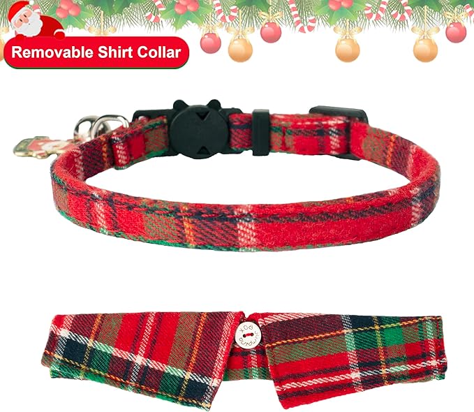 ADOGGYGO Christmas Cat Collars Breakaway with Bow Bell, 2 Pack Stylish Red Green Plaid Xmas Kitten Collar with Removable Shirt Collar, Plaid Christmas Collars for Cats Kittens
