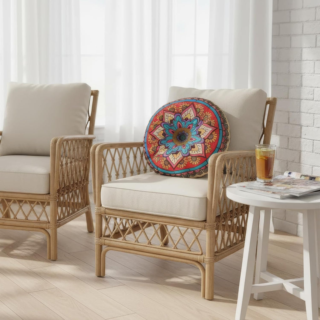 Mandala Round Floor Pillow - 16x16 inch Reversible Cotton Linen Meditation Cushion for Yoga, Balcony & Patio Decor (Colorful)