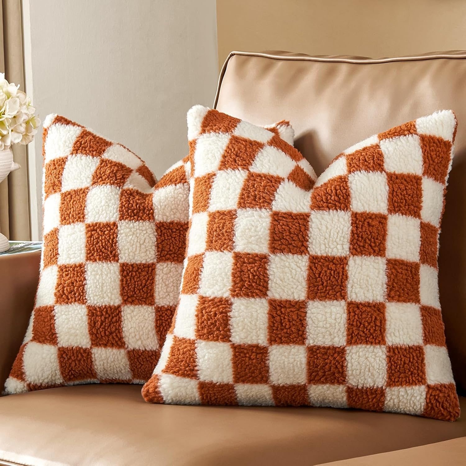 AmHoo Pack of 2 Decorative Throw Pillow Covers Checkerboard Luxury Super Soft Faux Fur Wool Set Case Cushion for Couch Sofa Bedroom 20 x 20-Inch Burnt Orange