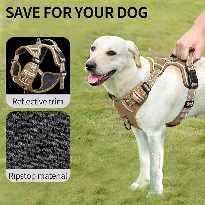 HEELE Dog Harness, Dog Harness for Small Medium Large Dogs No Pull Adjustable Padded Reflective Harness with Handle for Walking Training, Brown, L