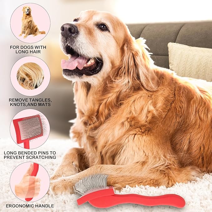 Slicker Brush - Grooming Kit for Goldendoodles, Labradoodles, Poodles & Medium to Long-Haired Dogs (Red)