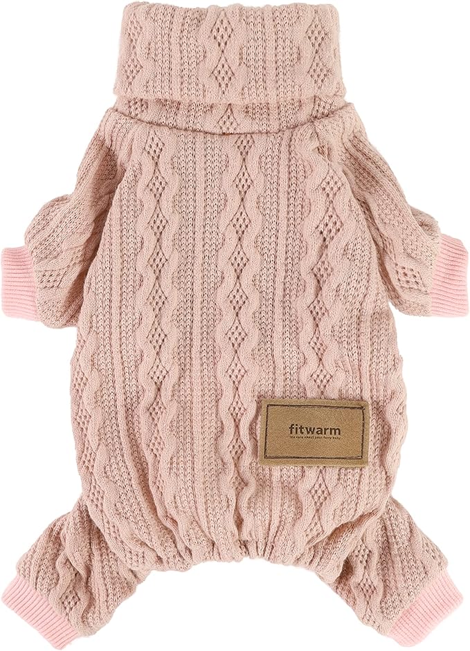 Fitwarm Knitted Dog Sweaters, Turtleneck Pet Pajamas, Dog Winter Clothes for Small Dogs Girl, Cat Apparel, Baby Pink, Large