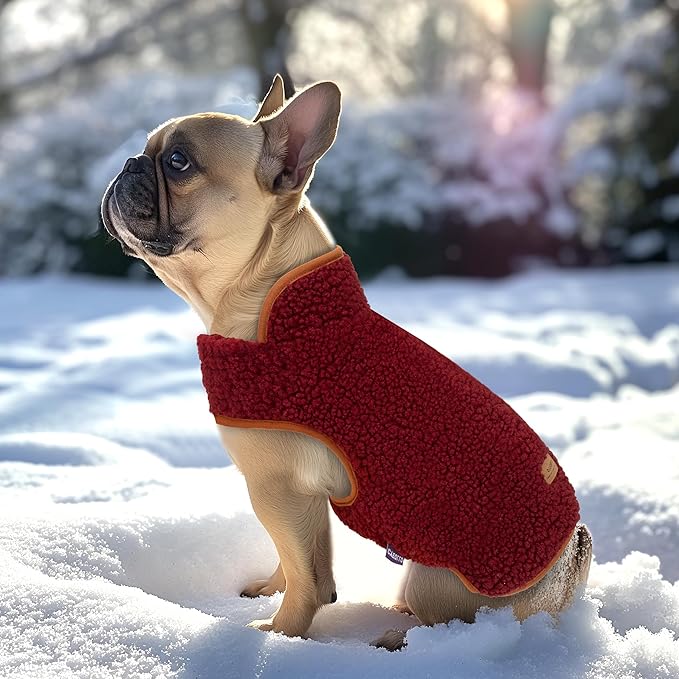 cyeollo Warm Dog Coat Fleece Sherpa Winter Sweater Coats, Turtleneck Dog Jacket Vest for Small Medium Large Dogs with Leash Hole, Soft Reversible Pet Coats for Cold Weather, Burgundy, XL