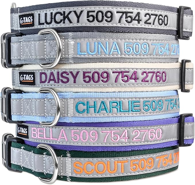 GoTags Reflective Personalized Dog Collar, Custom Embroidered Safety Collar with Pet Name and Phone Number for Boy and Girl Dogs, Small, Medium, and Large Adjustable Sizes (Large, Beige)