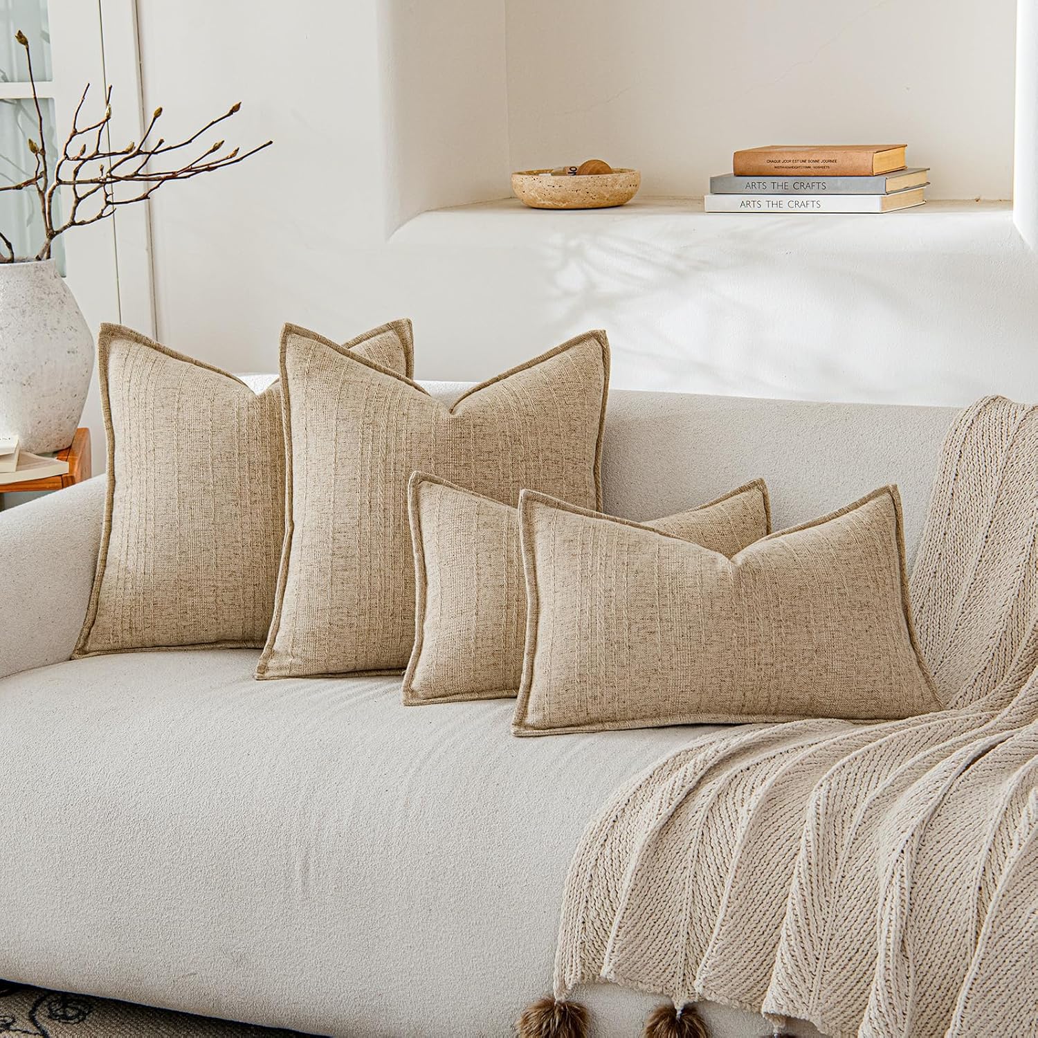 a moment Linen Pillow Covers Set of 2,Boho Farmhouse Throw Pillowcases Neutral Textured Decorative Covers for Couch Sofa Bed, Soft Linen Blend Accent Case Cushion Living Room Home Decor 20"x12"Khaki