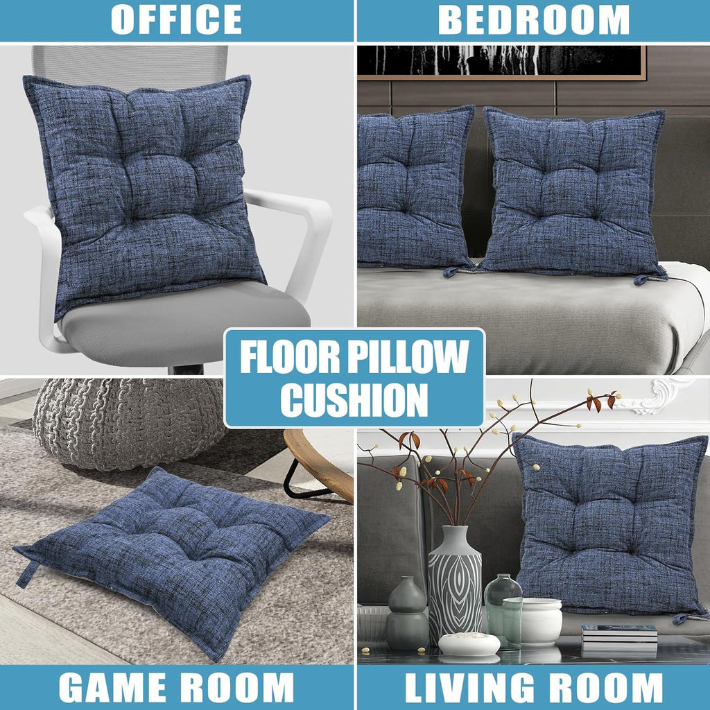 SINSOSSO Large Floor Pillows 22", Thickened Bite-Size Memory Foam Square Non-Slip Cushions for Office Back Support/Yoga/Chair Seat, Fashionable Color-Blocked Fabric & Washable, Blue, 2 PCS