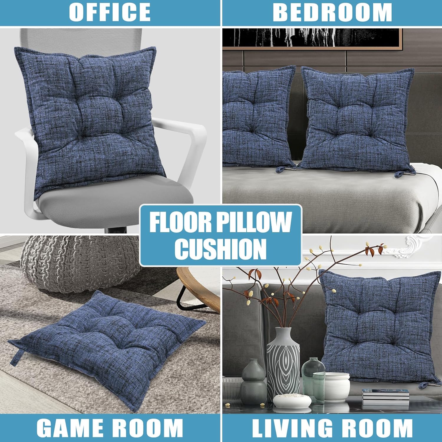 SINSOSSO Large Floor Pillows 22", Thickened Bite-Size Memory Foam Square Non-Slip Cushions for Office Back Support/Yoga/Chair Seat, Fashionable Color-Blocked Fabric & Washable, Blue, 2 PCS