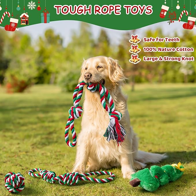 Aitmexcn Christmas Dog Rope Toys Set, 7 Pack Cotton Dog Toys for Large Dogs and Medium Small, Cute Interactive Squeaky Toy, Chewing Puppy Gaming Toy for Teeth Cleaning