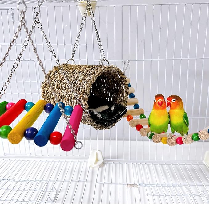 Hamiledyi Hamster Hanging Hammock Basket 3 Piece Wooden Rat Ladder Swing Set Cage Clmbing Toys for Syrian Hamster Sugar Glider Bird Mice Playing Sleeping