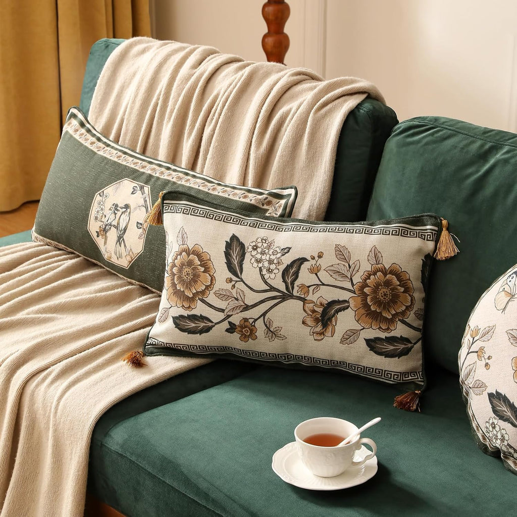 ISAENNE Design Linen Chinoiserie Rectangle Throw Pillow Covers 12"x20", Farmhouse Cushion Covers with Yellow Floral Birds Pattern Decoration Pillowcases for Bed,Living Room,Outdoor,Car